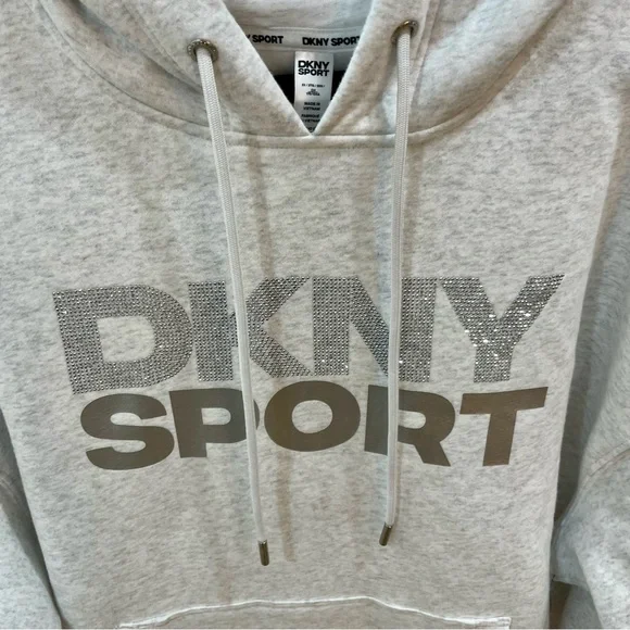 NWT DKNY Sport Women’s Rhinestone Sequin Logo Hoodie Light Gray - Size 2X - Picture 3 of 12